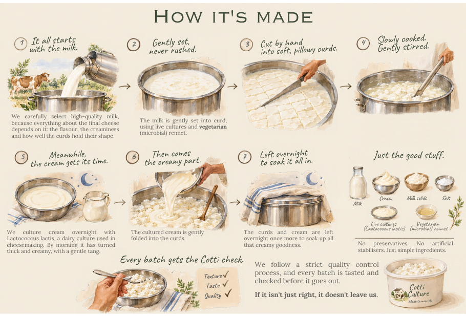 Illustrated guide to how Cotti Culture is made, in seven steps from milk to the finished tub