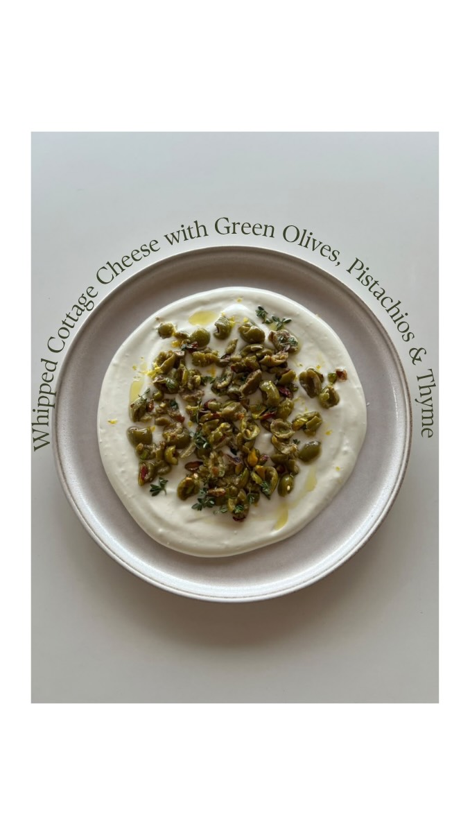 Whipped Cotti with green olives, pistachios and thyme